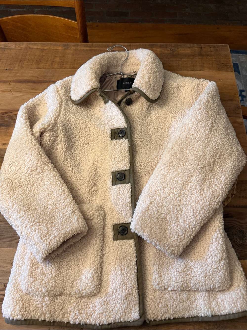 J. Crew Cream Sherpa Jacket with Olive Trim